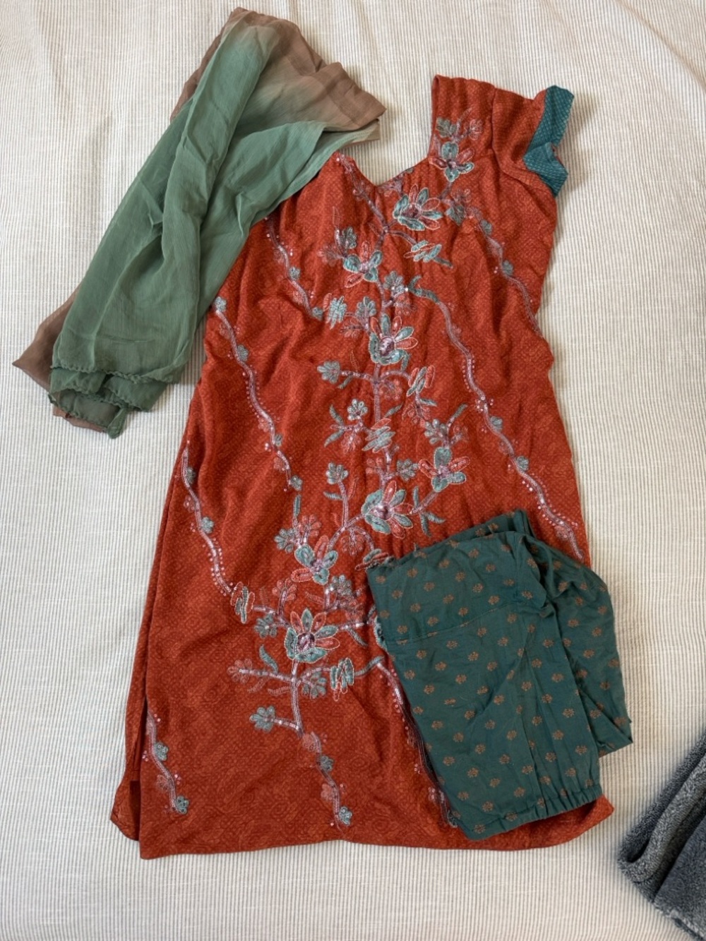 Embroidered Rust Orange Kurta Set with Green Accents